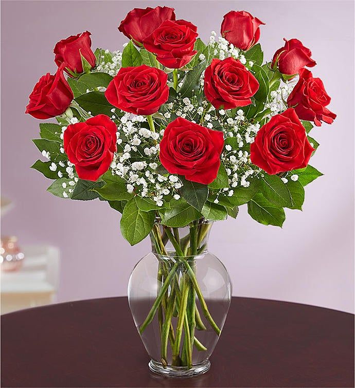 one dozen red roses arrangement 