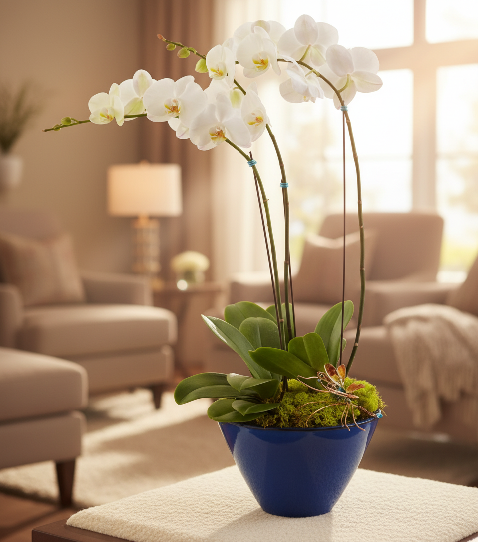 White orchid in a blue pot on a table in a living room setting