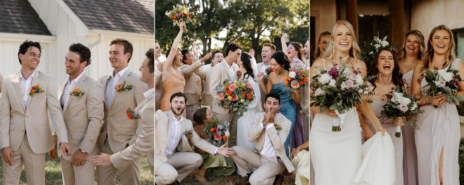 Collage of wedding photos including groomsmen, bride and groom, and bridesmaids with bouquets.