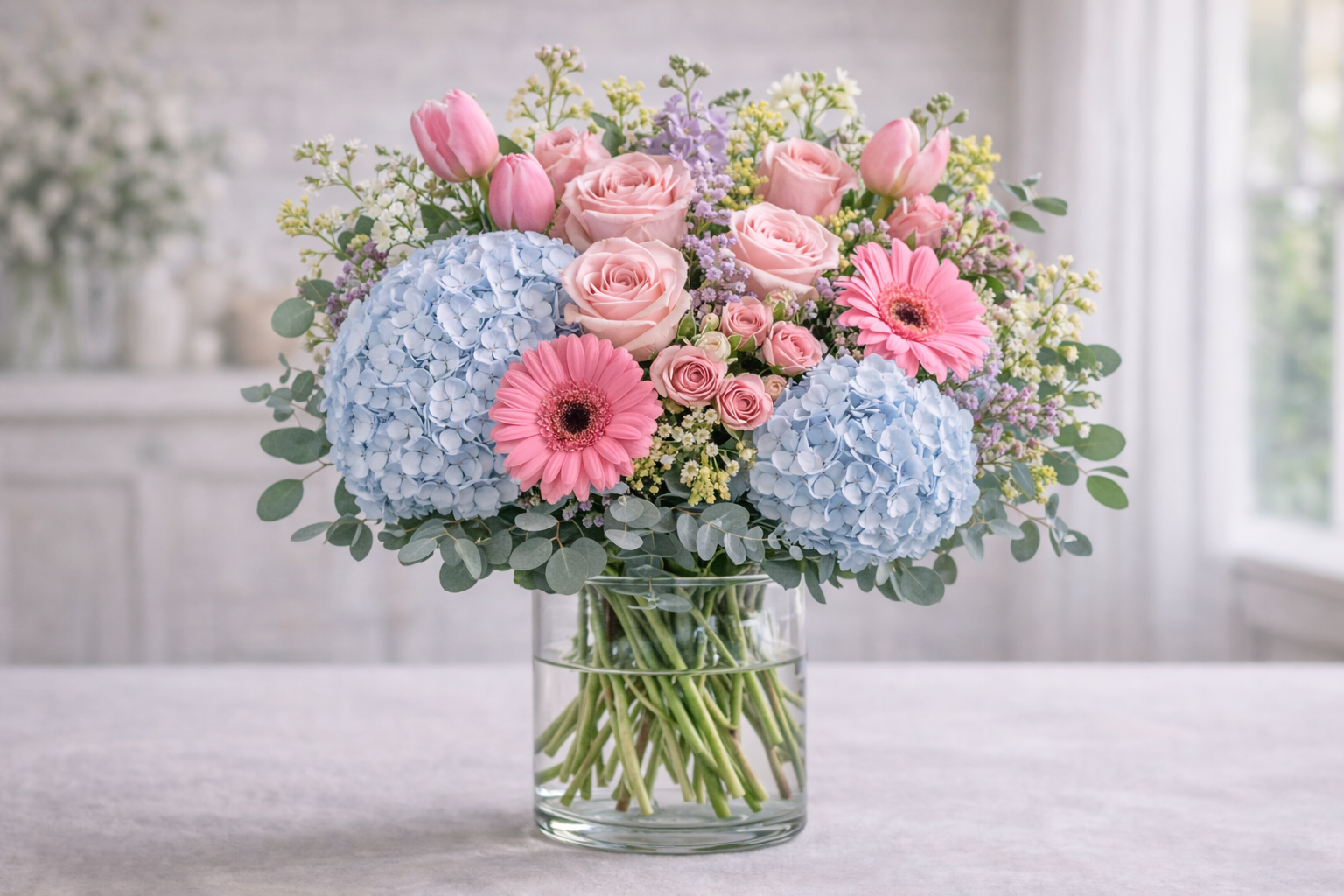 Bouquet of flowers in a glass vase on a table with a neutral background