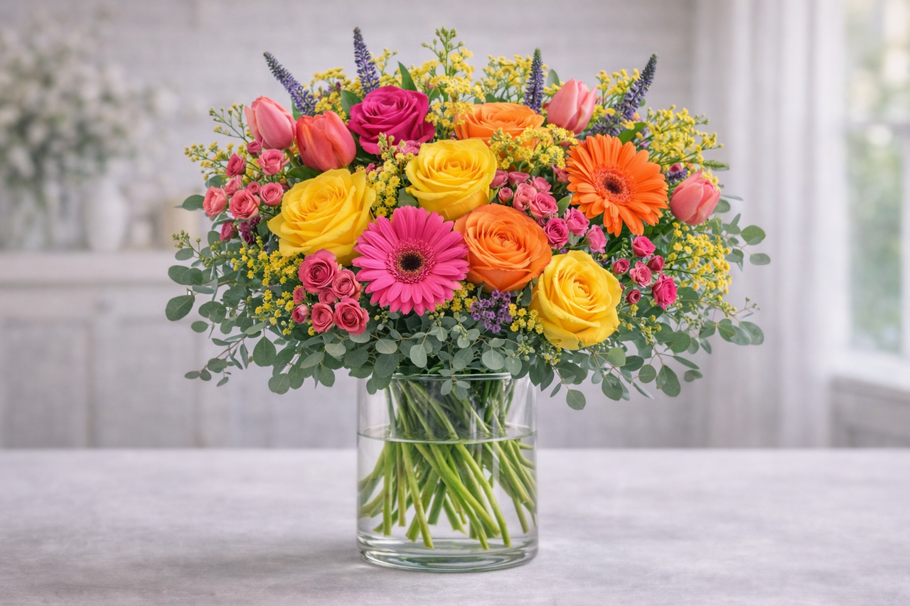 Colorful bouquet of flowers in a glass vase. Same day delivery McKinney, Frisco, Allen and prosper Texas