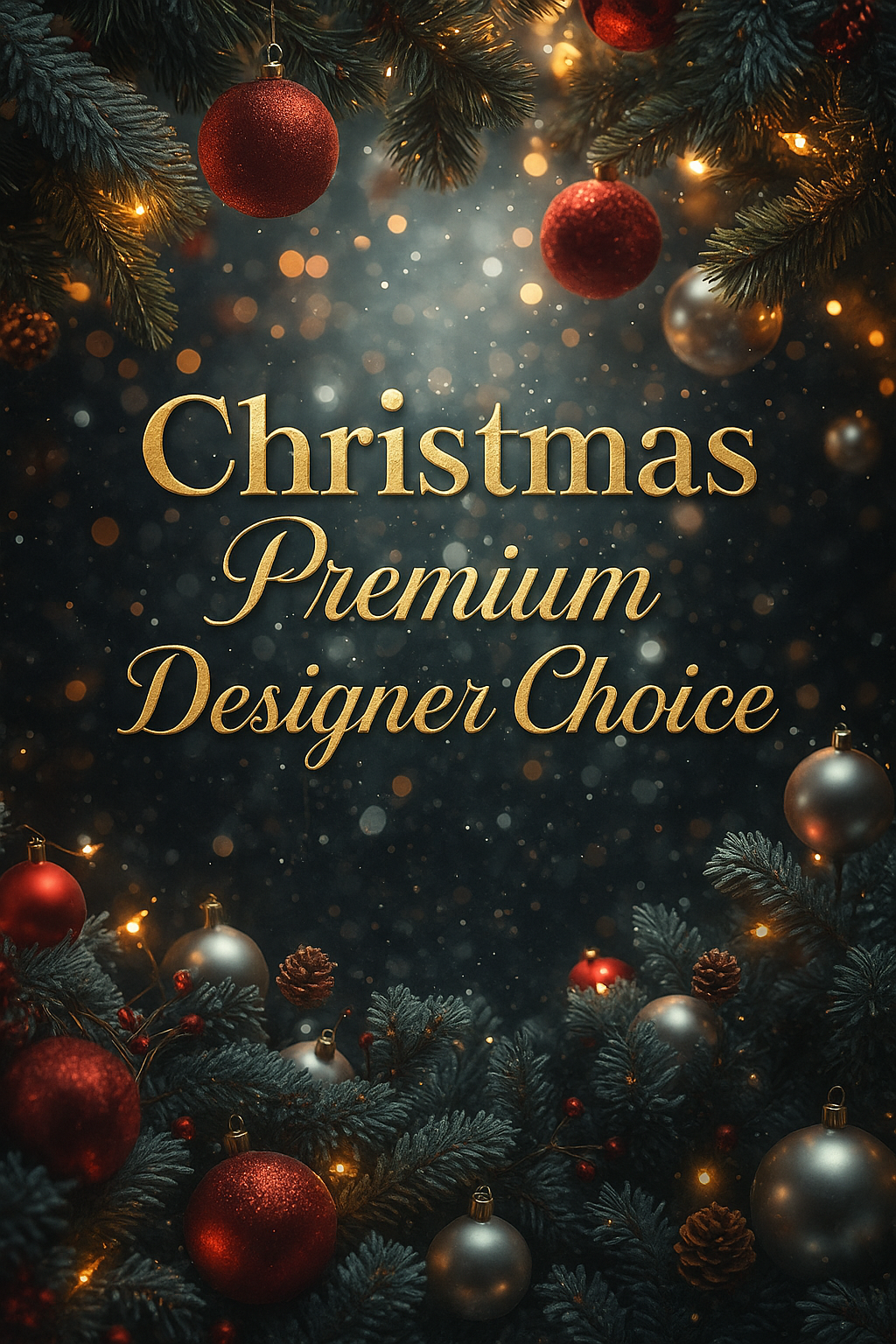 Decorative Christmas background with ornaments and lights, featuring text 'Christmas Premium Designer Choice'.