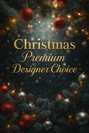 Decorative Christmas background with ornaments and lights, featuring text 'Christmas Premium Designer Choice'.