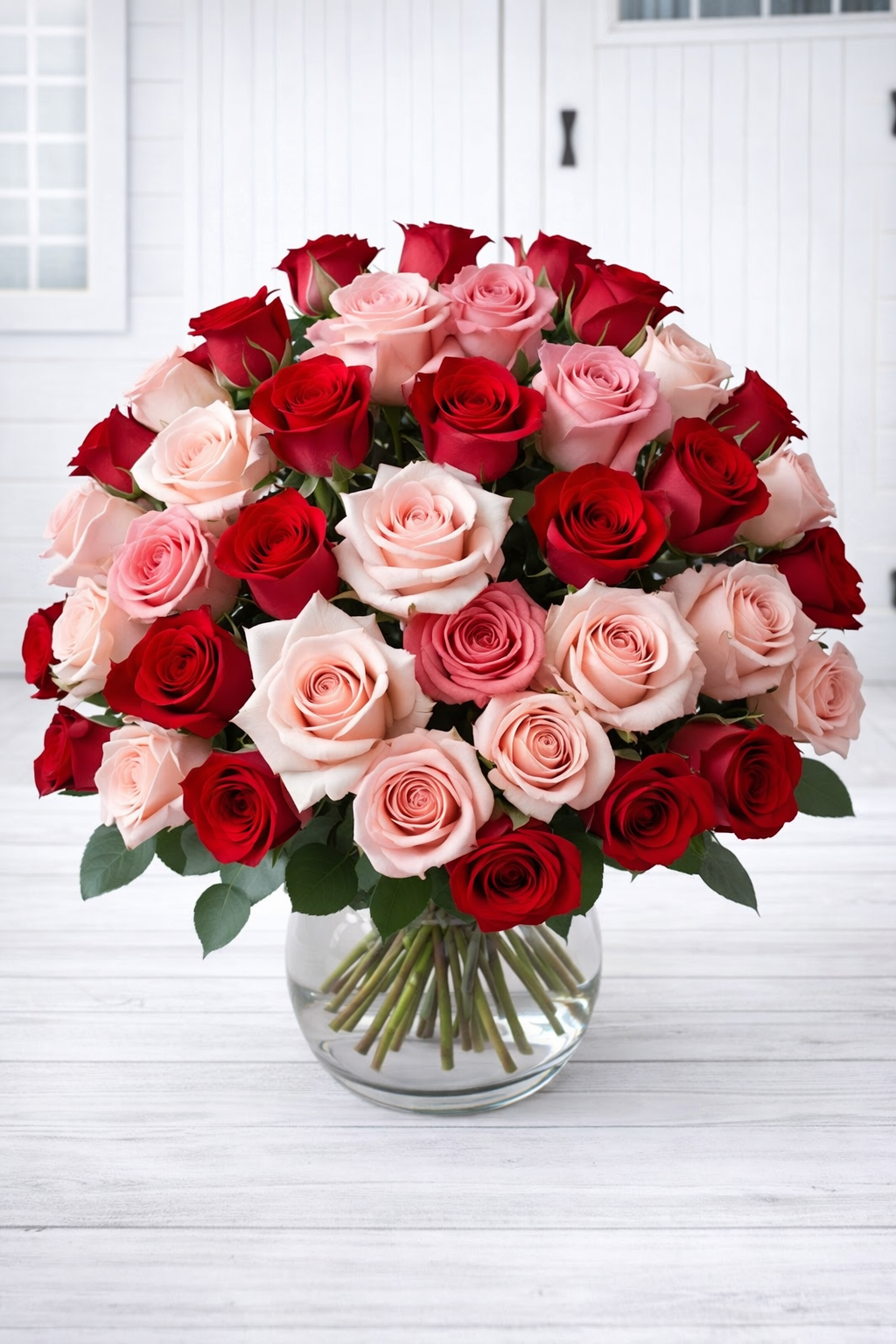 Bouquet of red, pink, and white roses in a clear vase on a white surface.