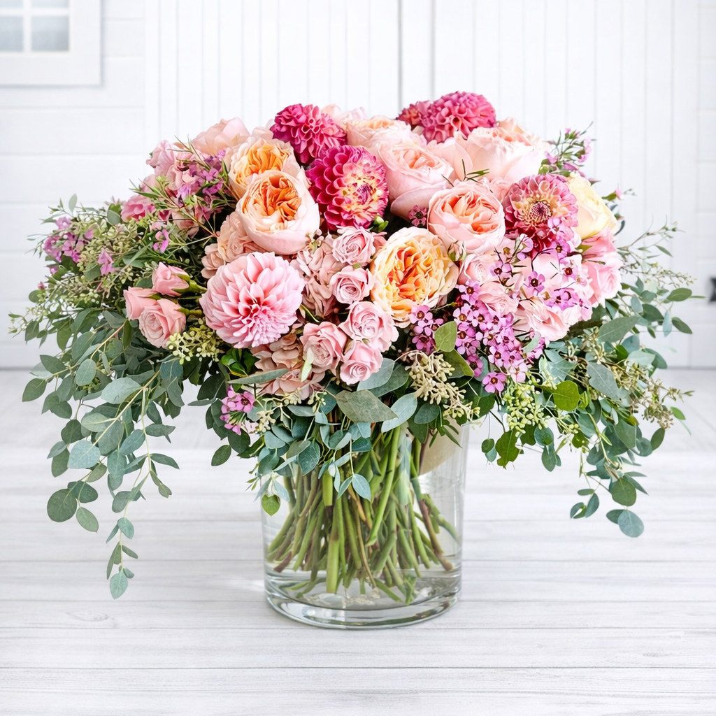 Bouquet of pink and orange flowers in a clear vase on a white wooden surface