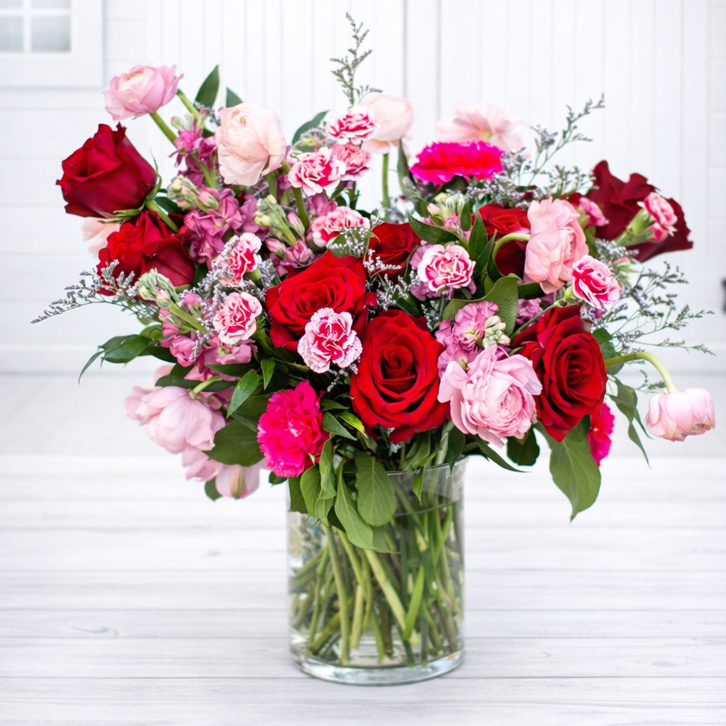 Bouquet of red, pink, and white flowers in a clear vase on a light wooden surface.