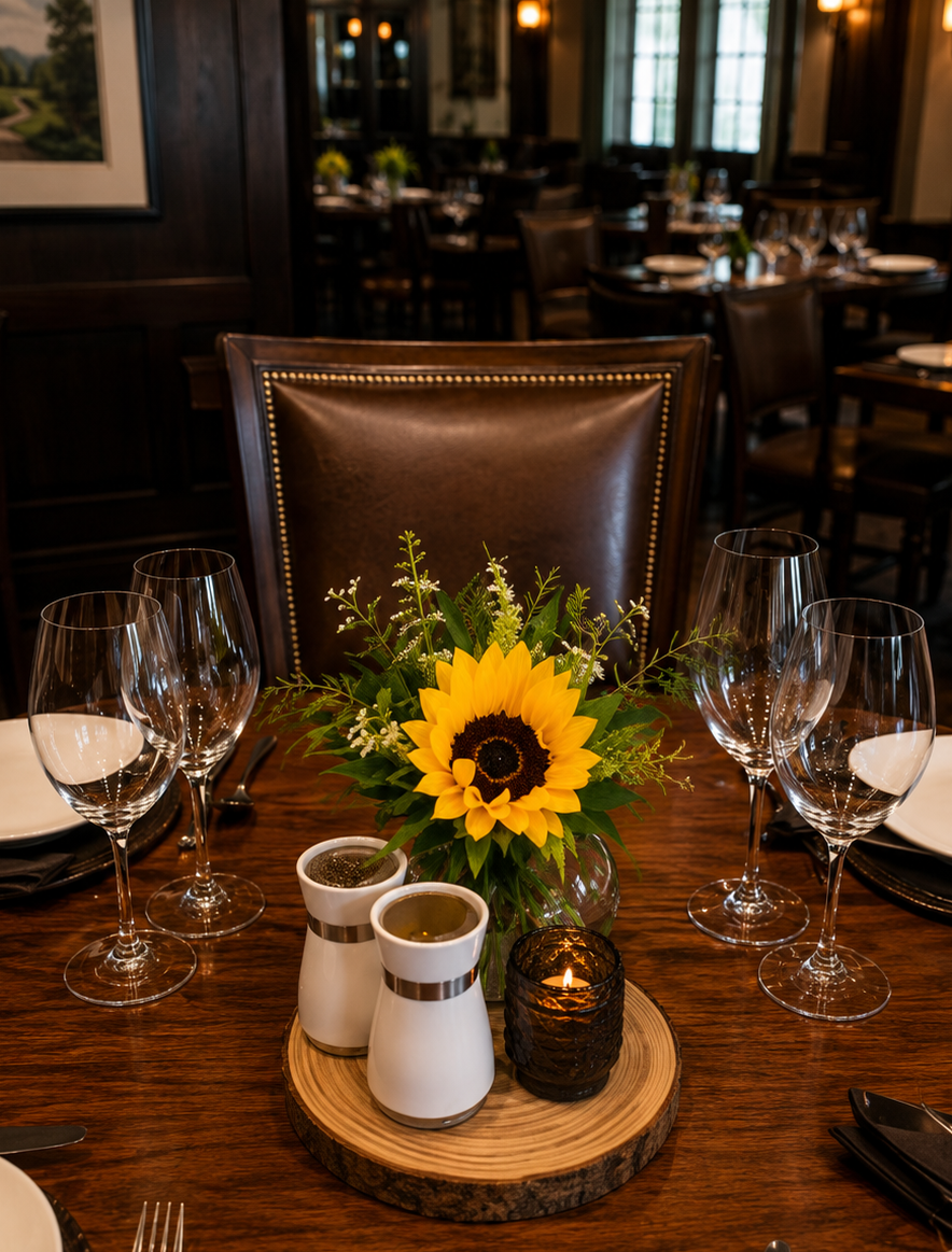 Elegant dining table floral centerpiece for private club restaurant