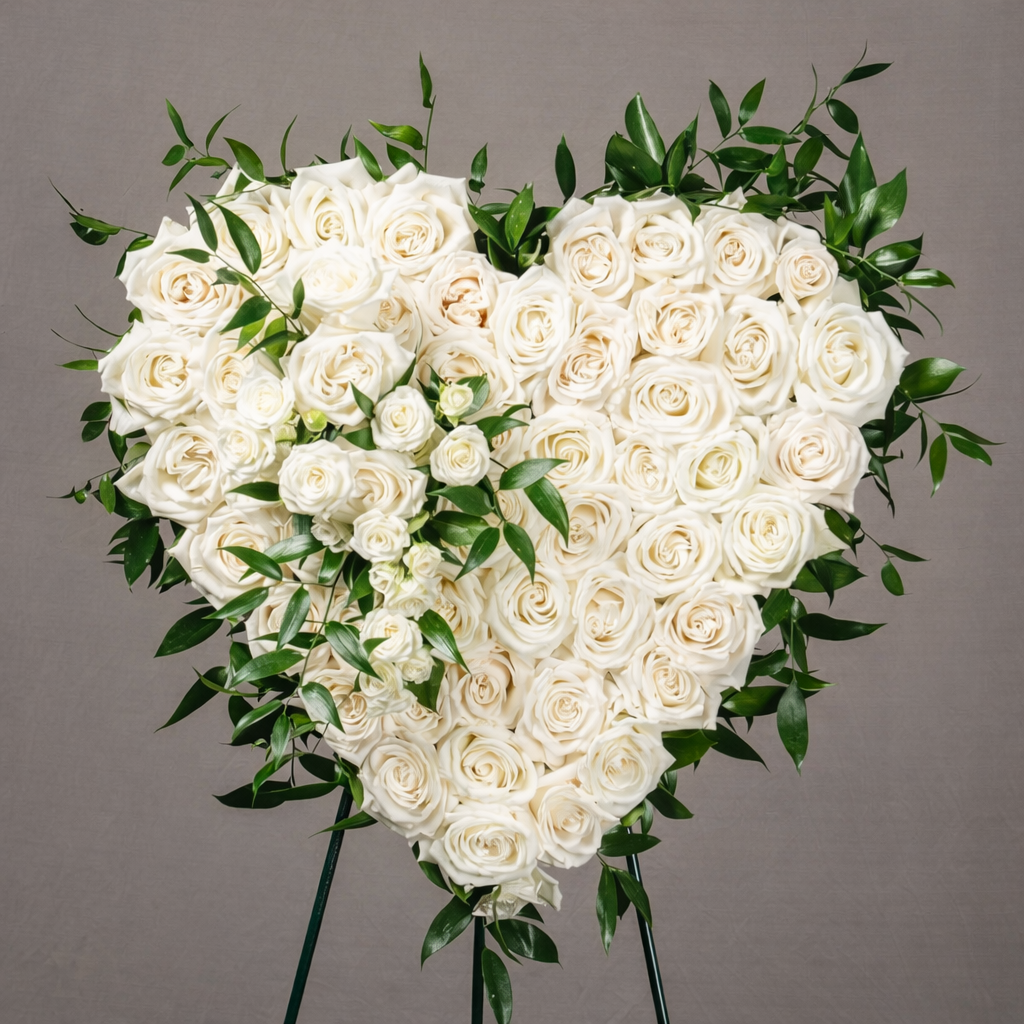 White rose heart funeral spray on easel – sympathy flower delivery in McKinney Texas