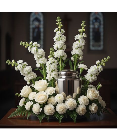White memorial urn flower arrangement with roses, snapdragons and carnations surrounding a cremation urn for funeral or memorial service McKinney TX