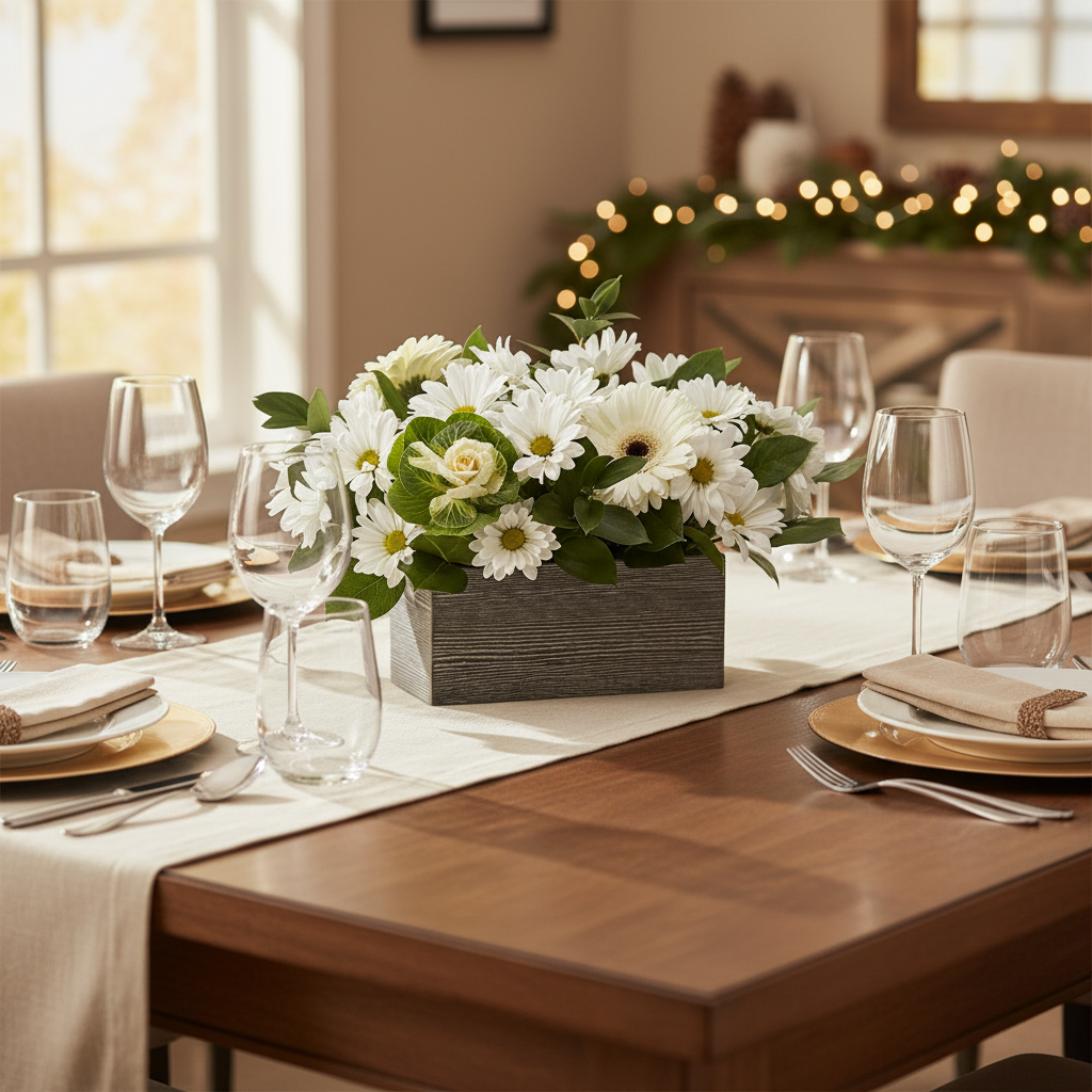 Dining table set with a floral centerpiece, glasses, and plates in a cozy room.