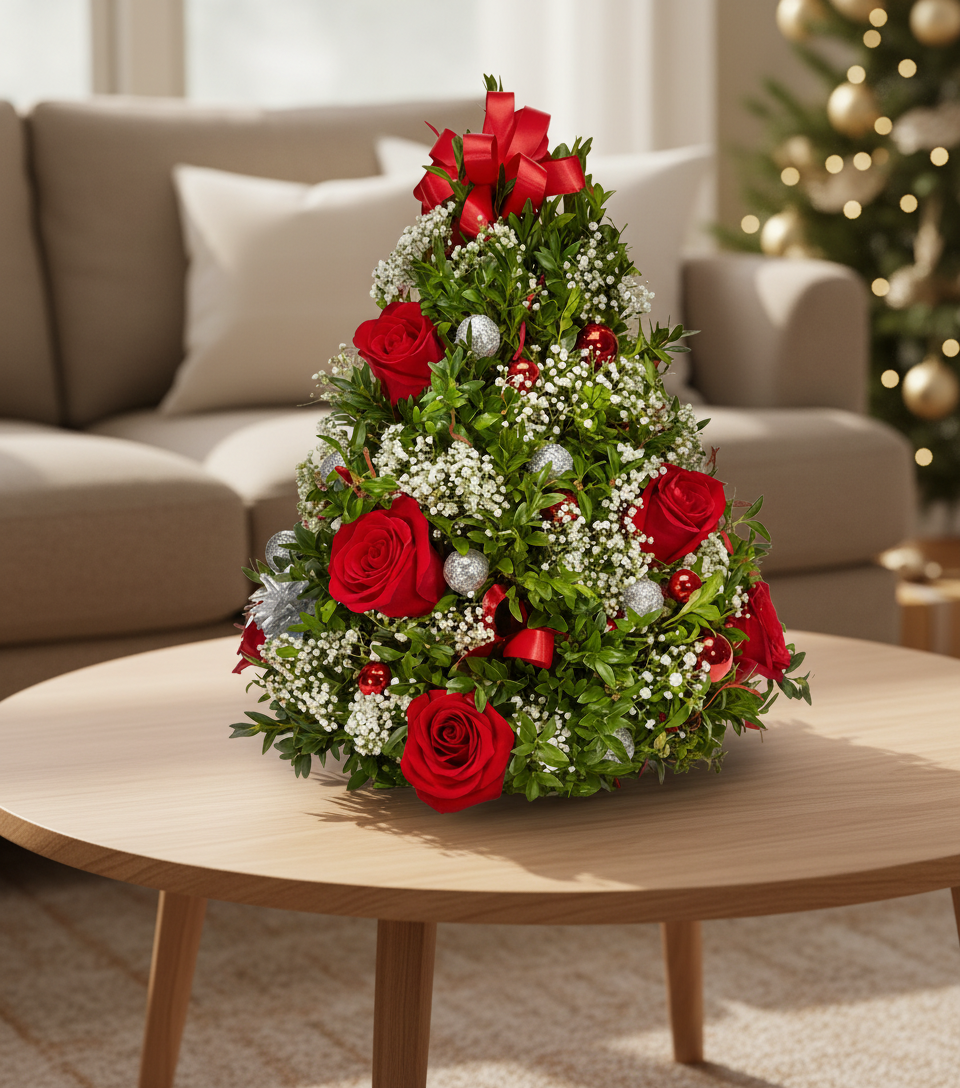 Decorative floral arrangement shaped like a Christmas tree on a coffee table with a living room background.