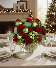 Decorative Christmas centerpiece with red and green flowers on a festive table.