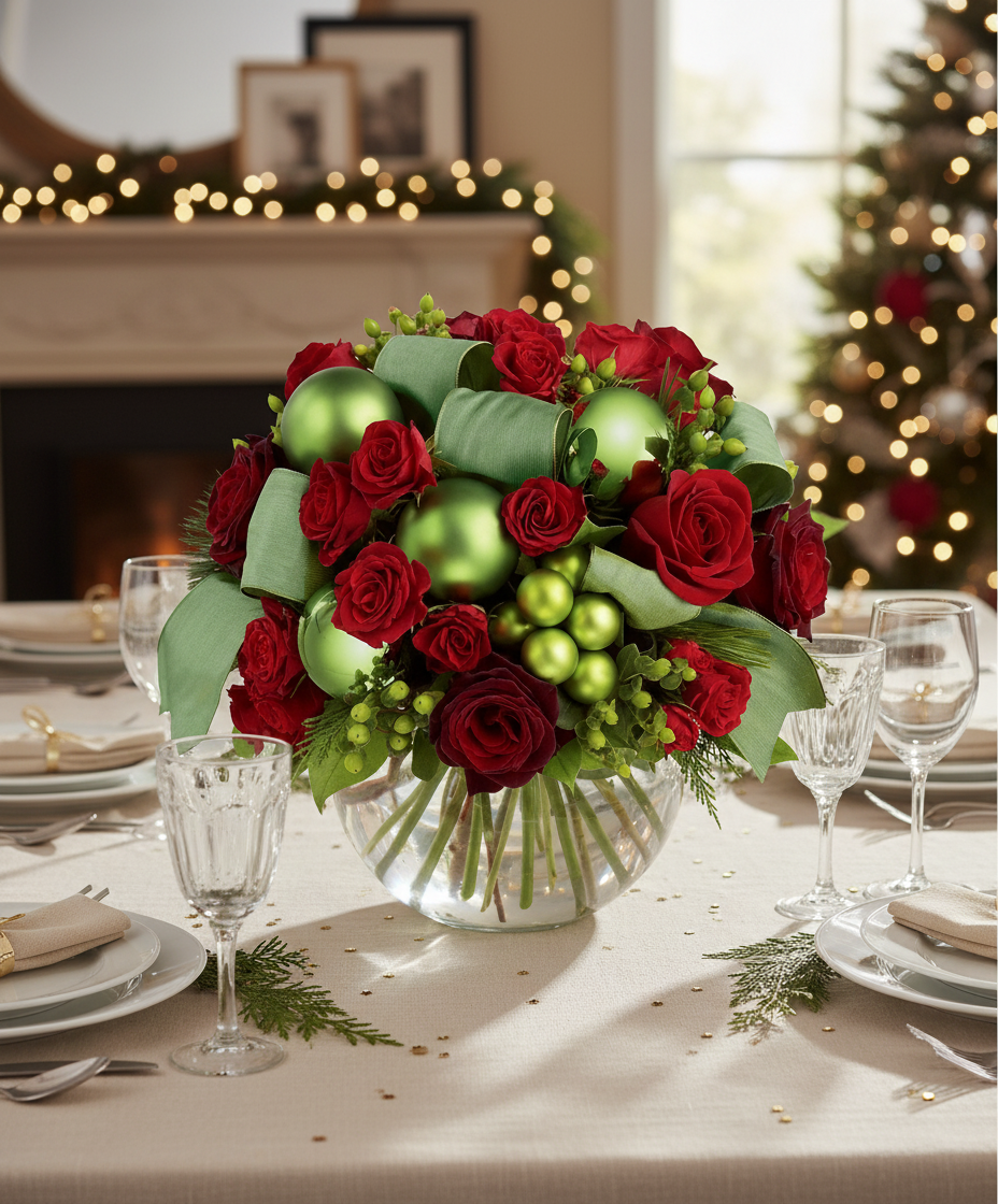 Decorative Christmas centerpiece with red and green flowers on a festive table.