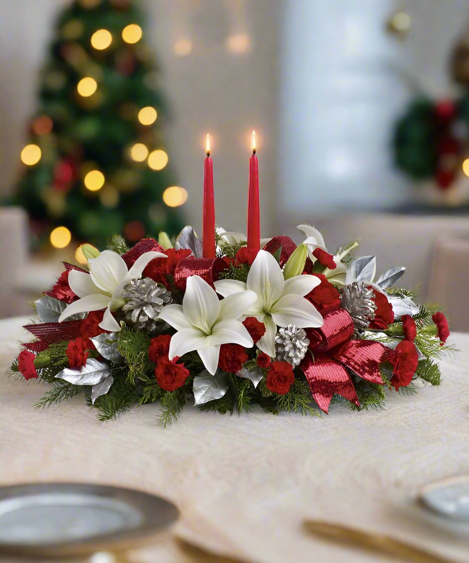 Christmas centerpiece with white candles