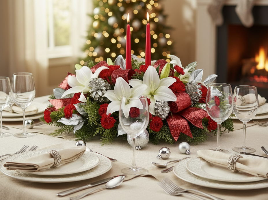 Decorative Christmas table setting with a centerpiece, candles, and festive decorations.
