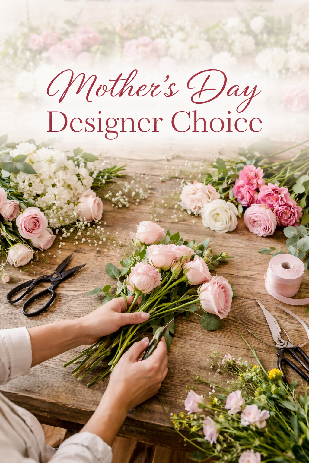 Person arranging flowers on 'Mother's Day Designer Choice' text. Same day delivery McKinney, Frisco, Allen, Prosper Texas