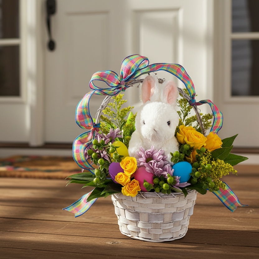 A colorful Easter basket arrangement featuring spray roses, Solidago, daisy button, and salal with a plush toy rabbit, all presented in a white basket with floral foam and clear paper.