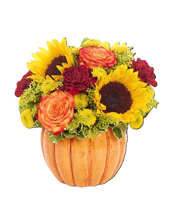 Pumpkin-shaped vase with autumn-themed flowers including sunflowers and roses on a white background
