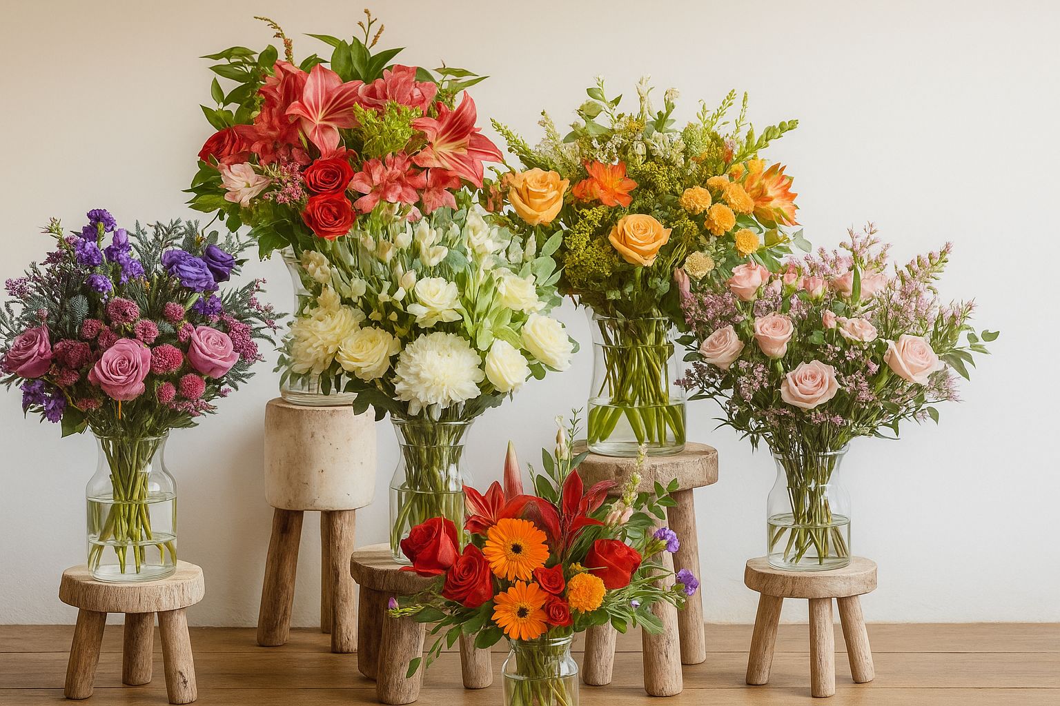 Collection of colorful flower bouquets in glass vases on small wooden stools against a plain wall.
