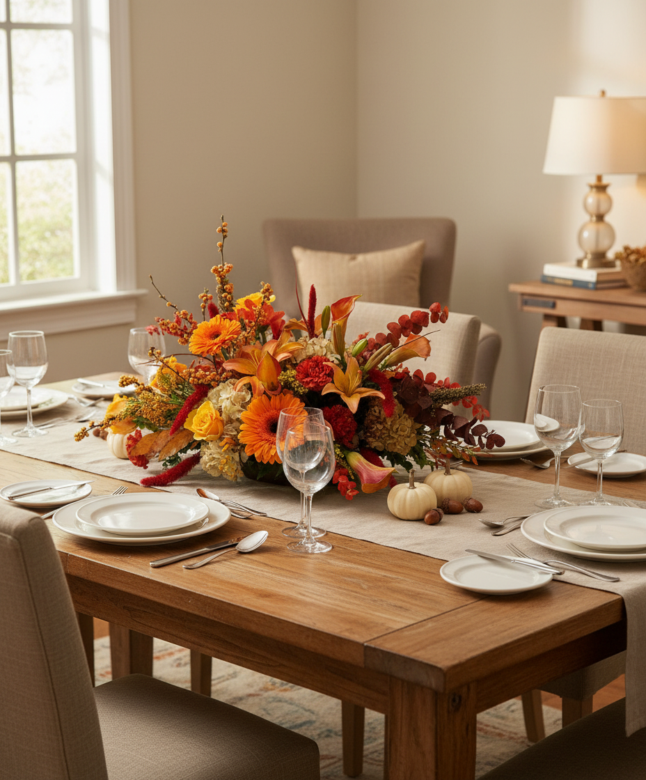 A round plastic vase filled with a colorful autumn-themed floral arrangement, including orange gerberas, burgundy, and red flowers, and greenery.
