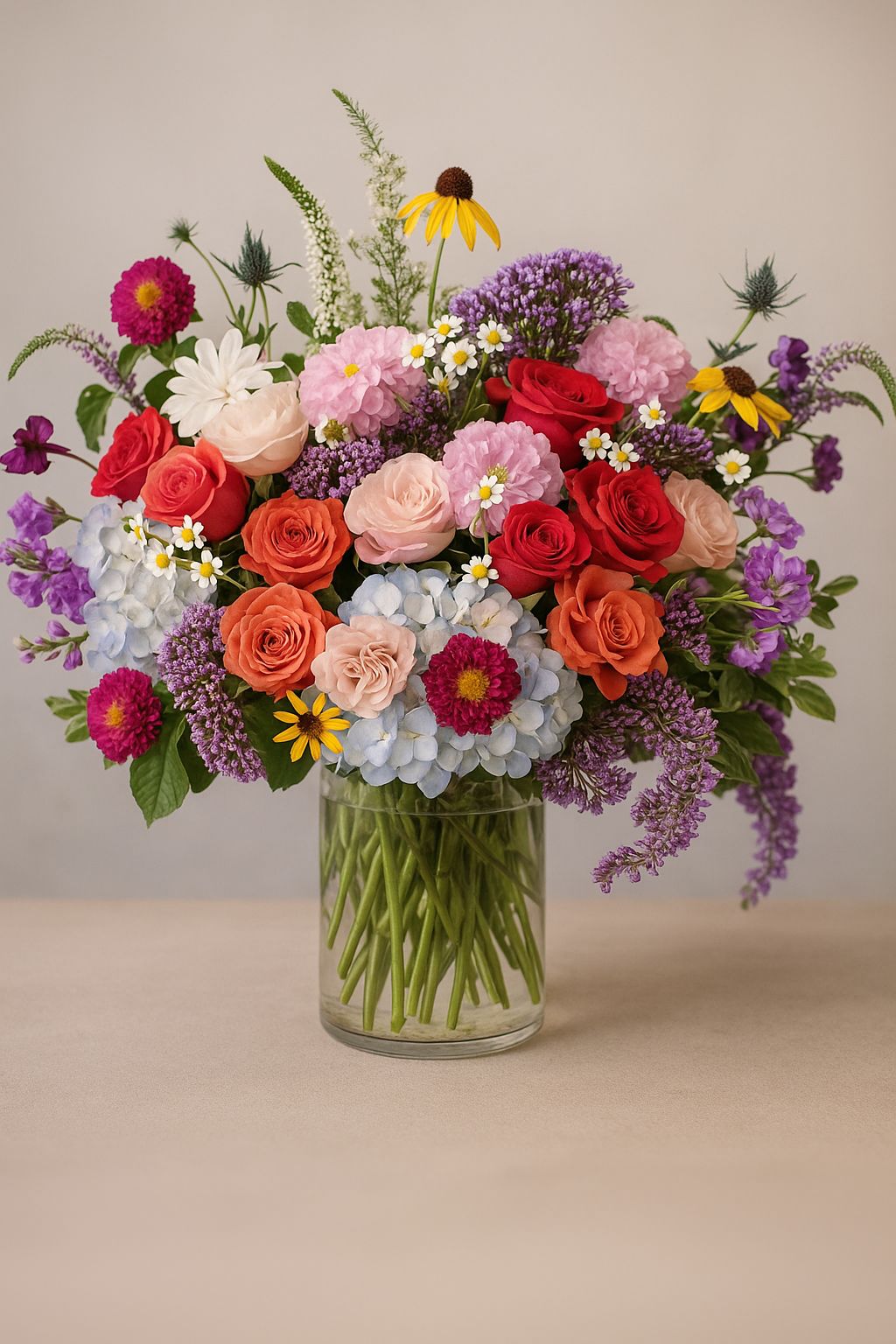 Beautiful Bloom Mix – Seasonal Flower Arrangement in Glass Vase