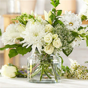 Bouquet of white flowers in a clear vase. Same day delivery, McKinney Texas