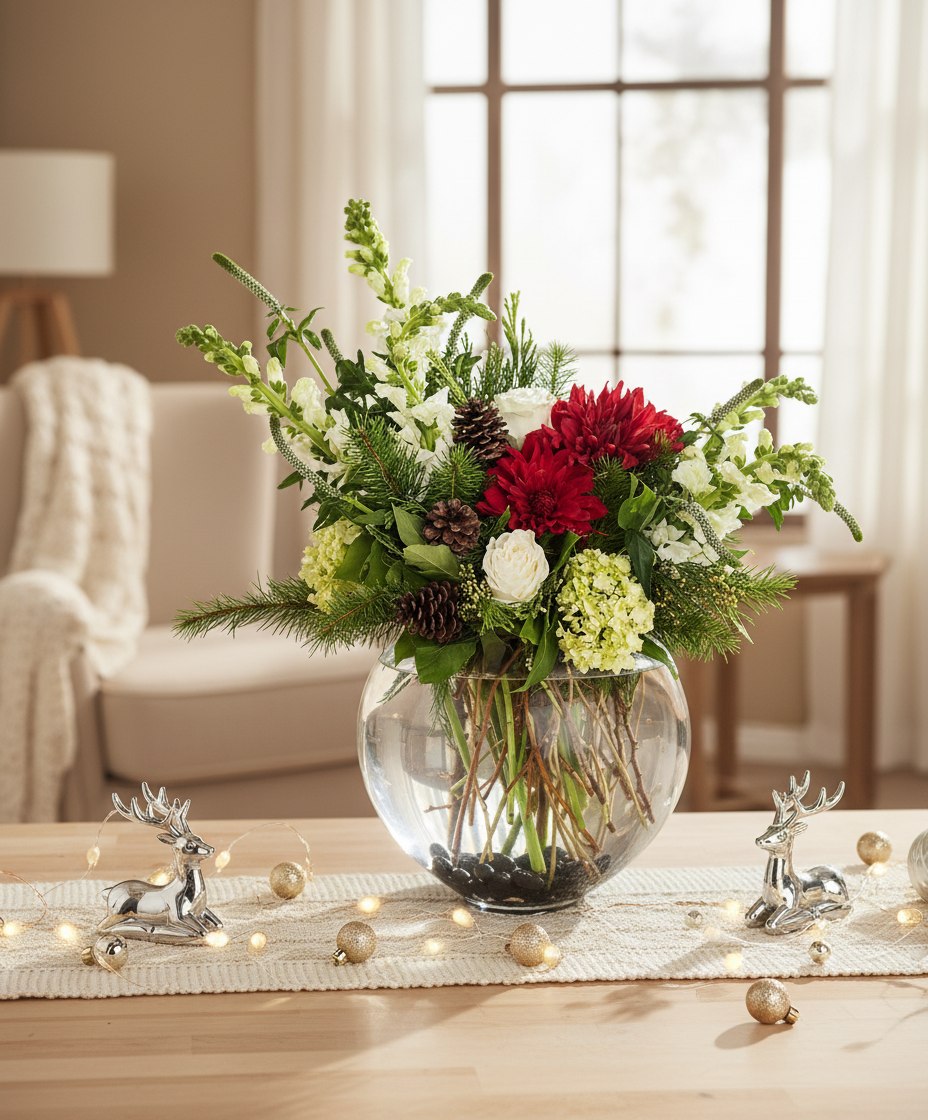 Decorative floral arrangement in a glass vase on a table with festive decorations.