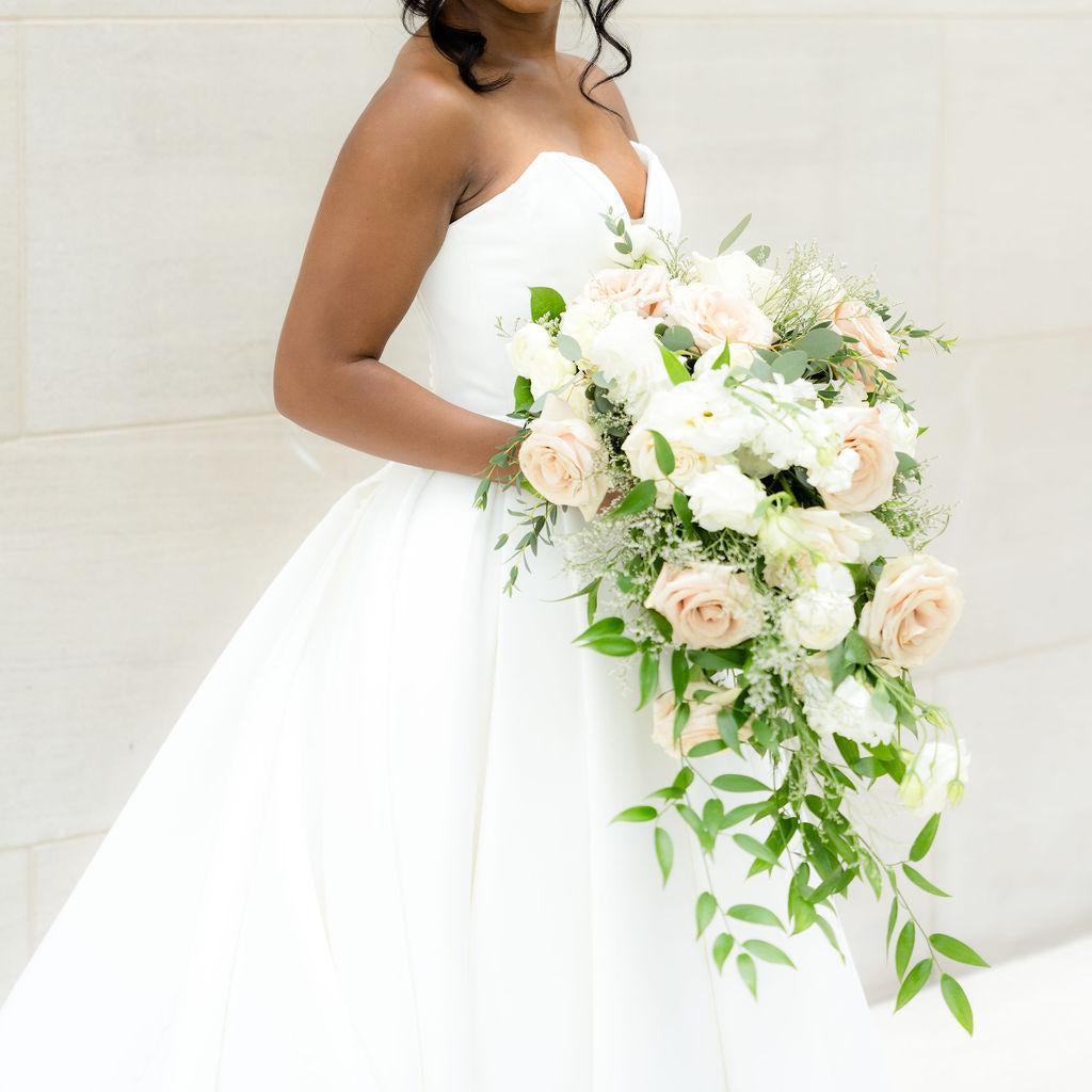 elegant cascading bridal bouquet white roses greenery wedding florist McKinney TX