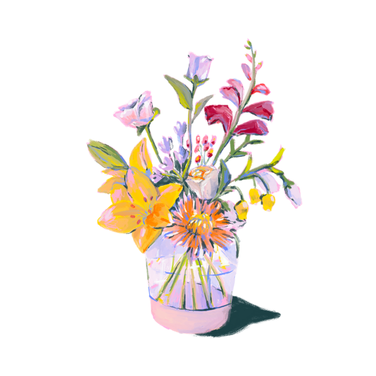 Colorful bouquet of flowers in a glass vase on a white background