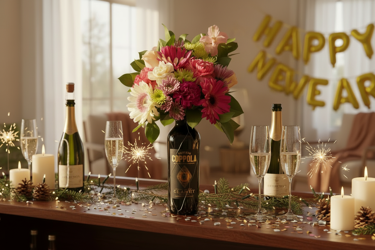 New Year's Eve celebration setup with bottles, flowers, and sparklers on a table.