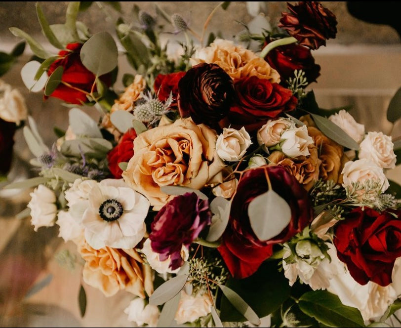 dark romantic bridal bouquet burgundy neutral flowers McKinney TX wedding florist