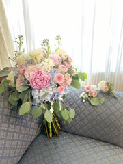something blue bridal bouquet blush roses blue hydrangea wedding flowers Dallas Texas