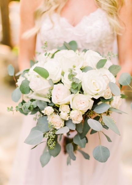 Classic white bridal bouquet with roses and eucalyptus wedding flowers McKinney Texas