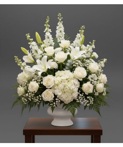 White sympathy funeral flower arrangement with roses and lilies for memorial service delivery in McKinney Texas