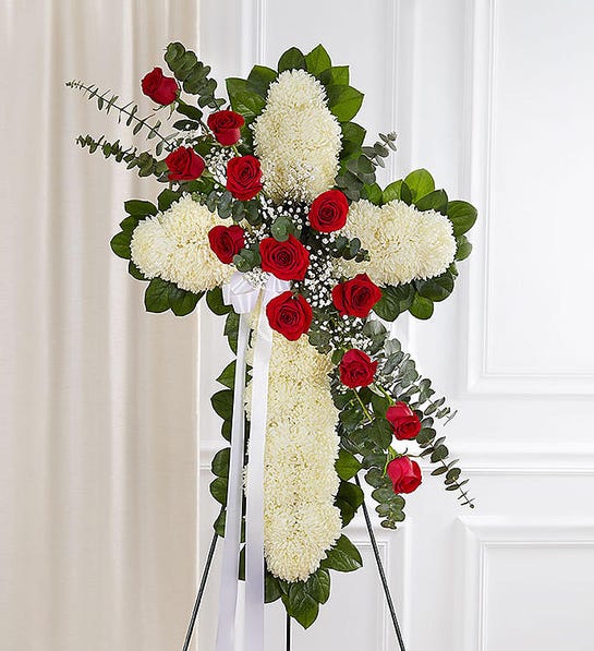 White Cross Standing Spray – Funeral Flowers in McKinney TX